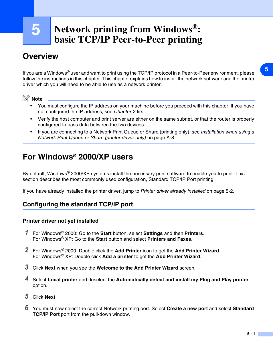 Overview, For windows® 2000/xp users, Configuring the standard tcp/ip port | Printer driver not yet installed, Network printing from windows, Basic tcp/ip peer-to-peer printing, Overview -1 for windows, 2000/xp users -1, Configuring the standard tcp/ip port -1, Printer driver not yet installed -1 | Brother MFC-820CW User Manual | Page 55 / 164