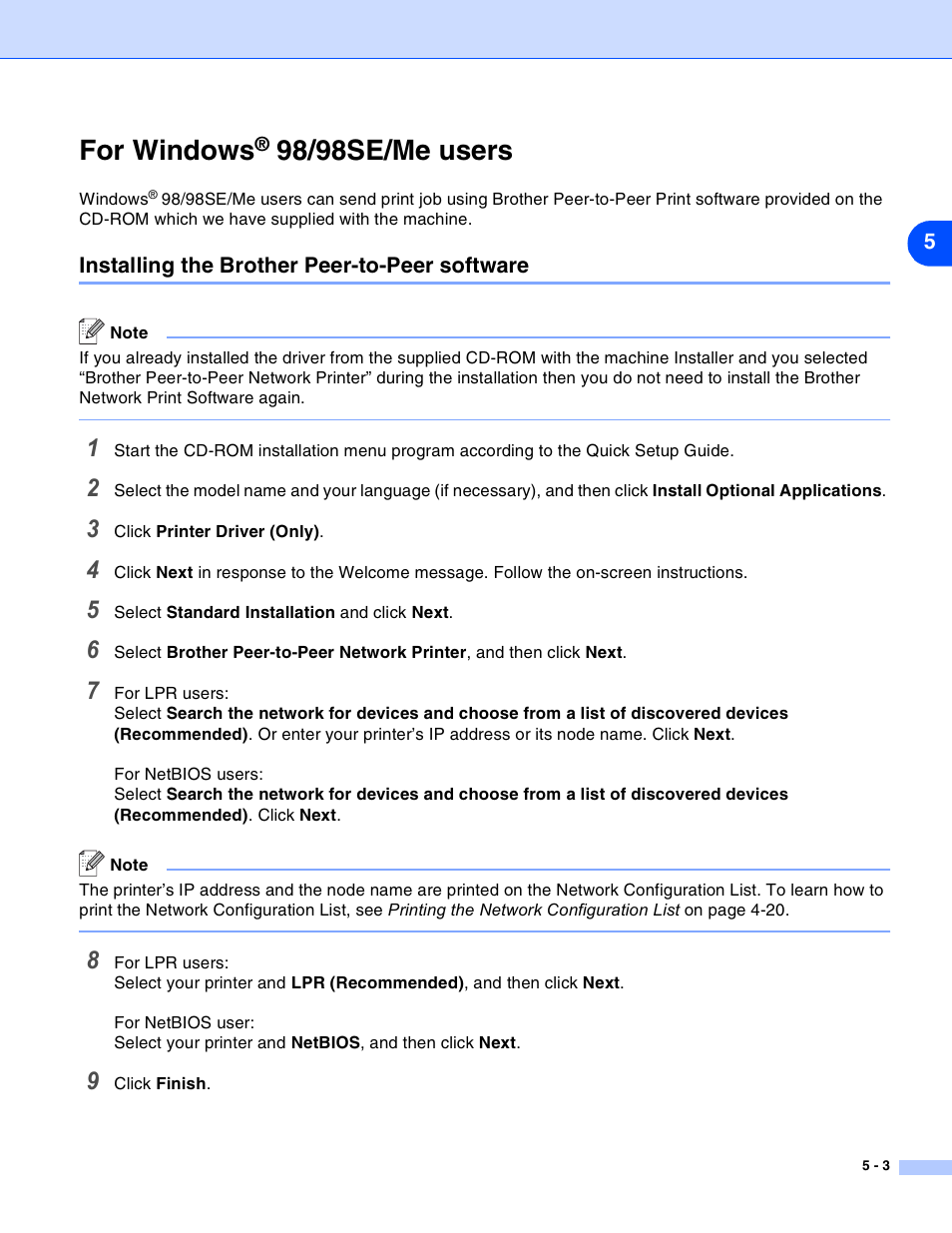For windows® 98/98se/me users, Installing the brother peer-to-peer software, For windows | 98/98se/me users -3, Installing the brother peer-to-peer software -3, 98/98se/me users | Brother MFC-820CW User Manual | Page 57 / 164