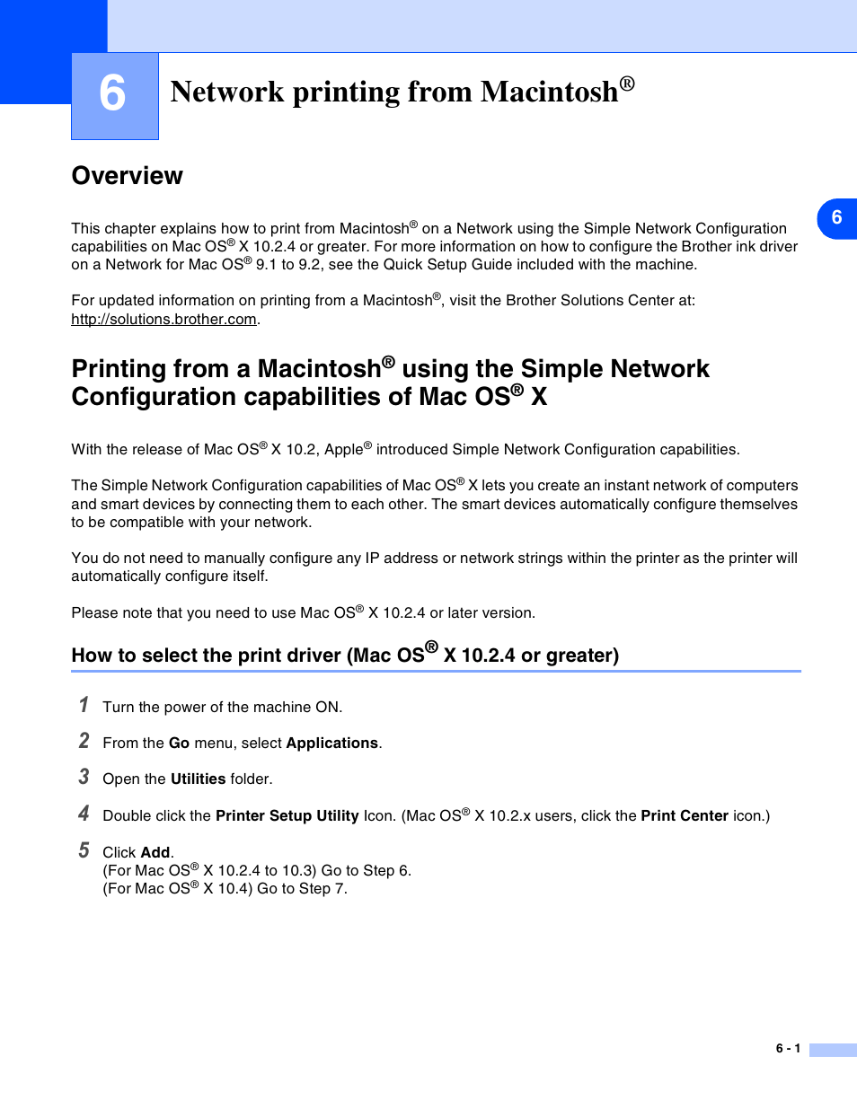 6 network printing from macintosh, Overview, Network printing from macintosh | Overview -1 printing from a macintosh, X -1, How to select the print driver (mac os, 4 or greater) -1, Chapter 6, Printing from a macintosh | Brother MFC-820CW User Manual | Page 60 / 164
