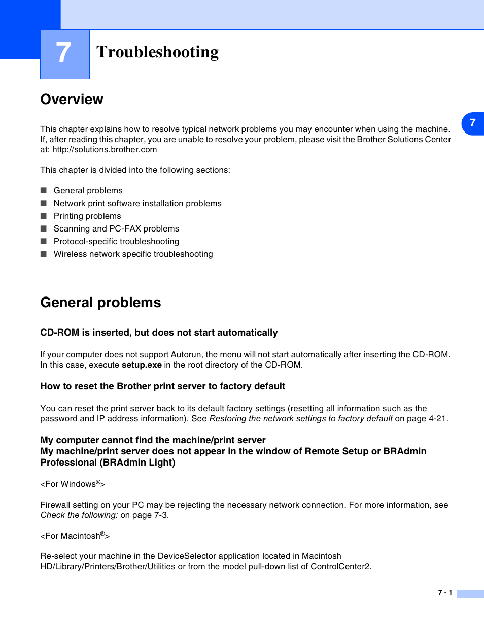 7 troubleshooting, Overview, General problems | Troubleshooting, Overview -1 general problems -1 | Brother MFC-820CW User Manual | Page 63 / 164
