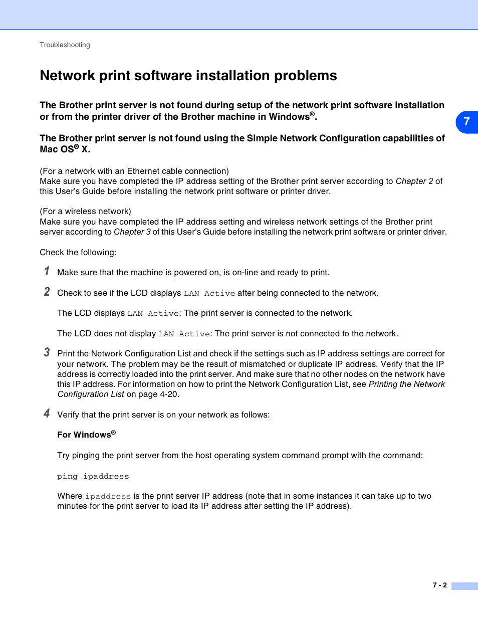 Network print software installation problems, Network print software installation problems -2, X -2 | Brother MFC-820CW User Manual | Page 64 / 164