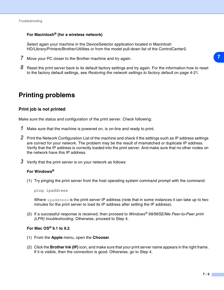 Printing problems, Print job is not printed, Printing problems -5 | Print job is not printed -5 | Brother MFC-820CW User Manual | Page 67 / 164