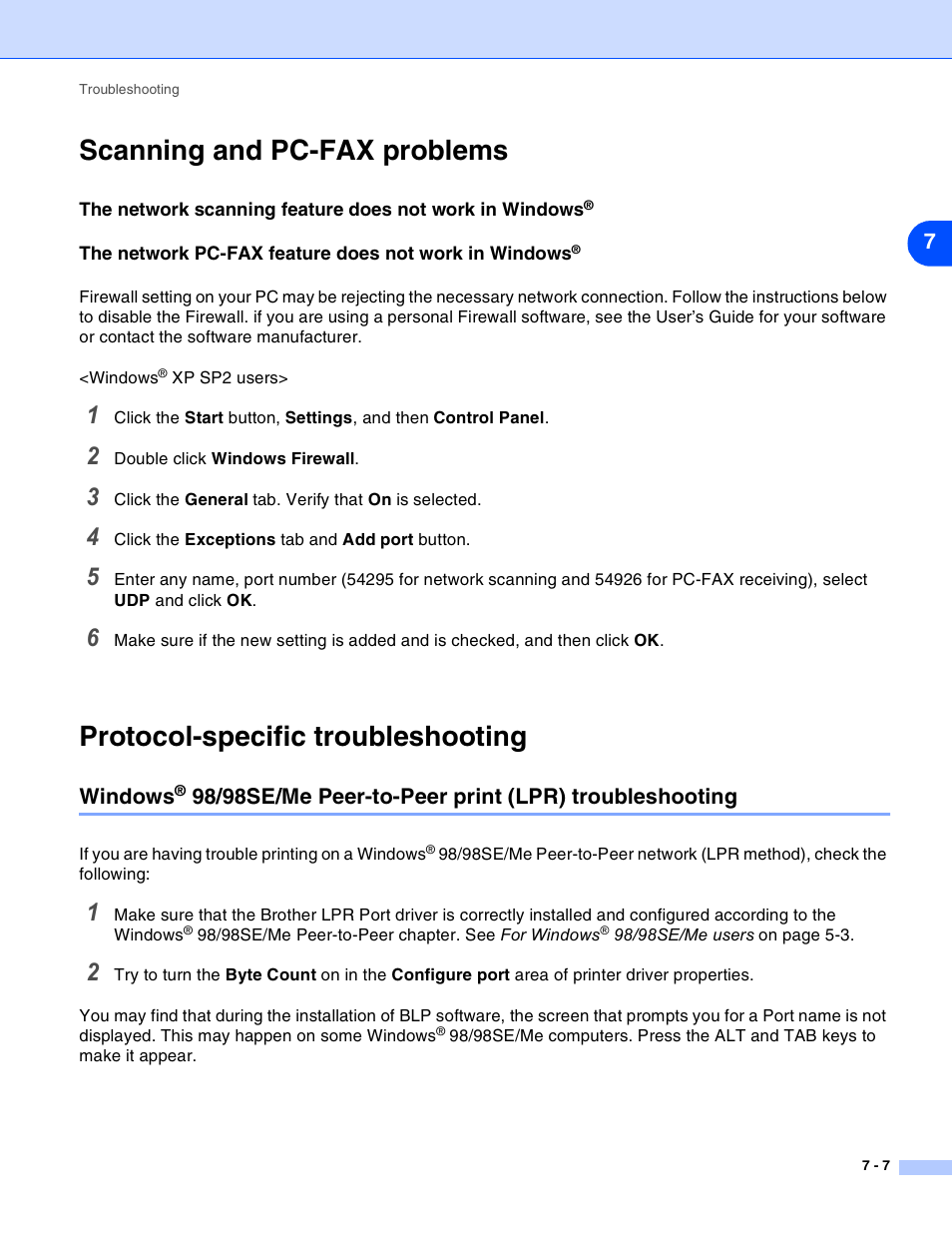 Scanning and pc-fax problems, Protocol-specific troubleshooting, Scanning and pc-fax problems -7 | Protocol-specific troubleshooting -7, Windows, 98/98se/me peer-to-peer print, Lpr) troubleshooting | Brother MFC-820CW User Manual | Page 69 / 164
