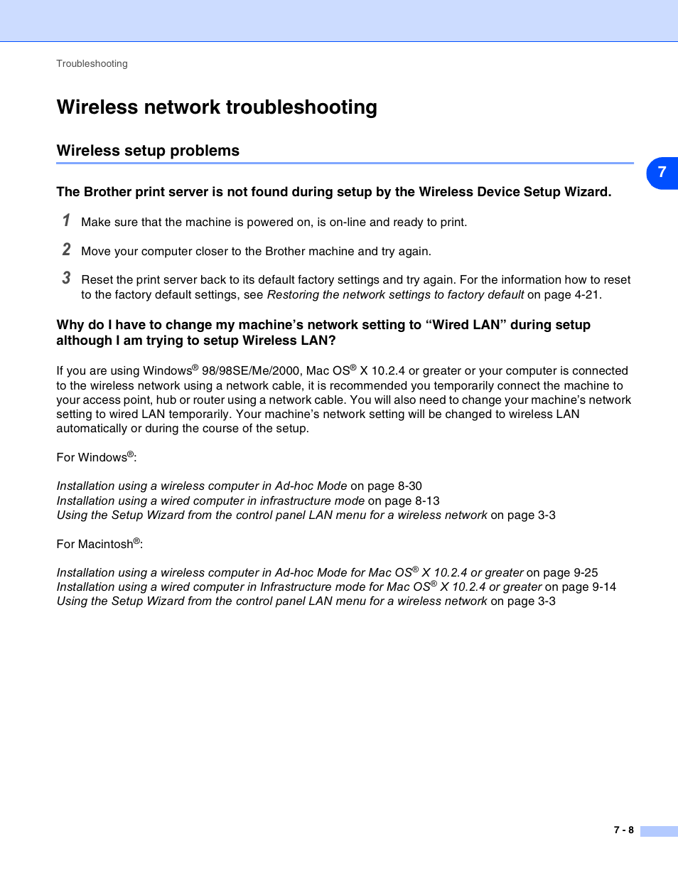 Wireless network troubleshooting, Wireless setup problems, Wireless network troubleshooting -8 | Wireless setup problems -8, See wireless network | Brother MFC-820CW User Manual | Page 70 / 164