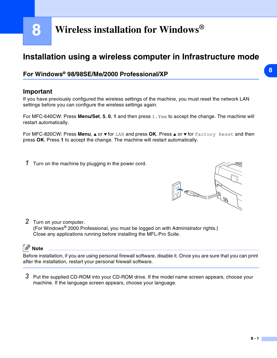 8 wireless installation for windows, For windows® 98/98se/me/2000 professional/xp, Wireless installation for windows | For windows, 98/98se/me/2000 professional/xp -1 | Brother MFC-820CW User Manual | Page 72 / 164