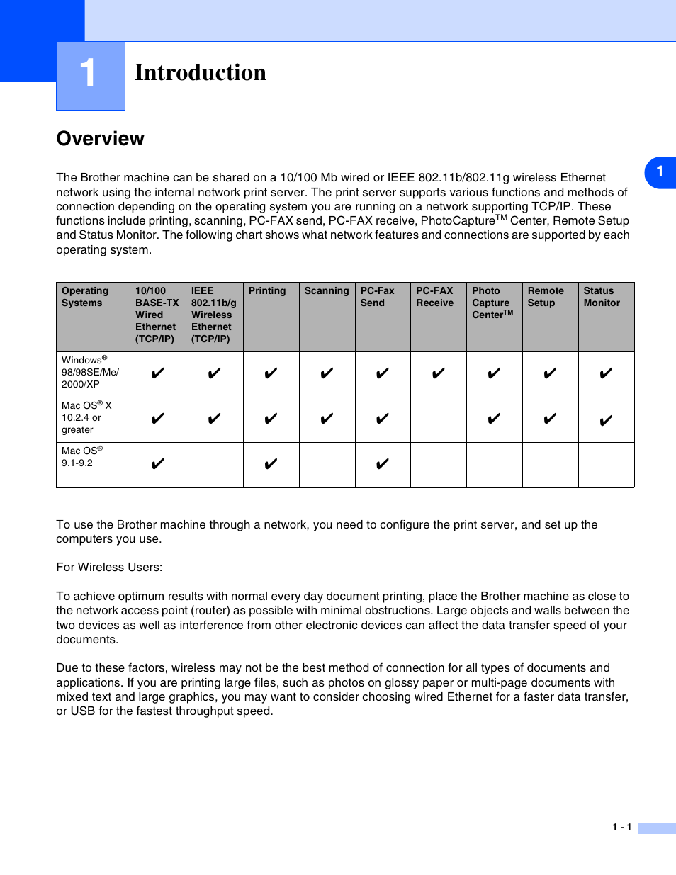 1 introduction, Overview, Introduction | Overview -1 | Brother MFC-820CW User Manual | Page 9 / 164
