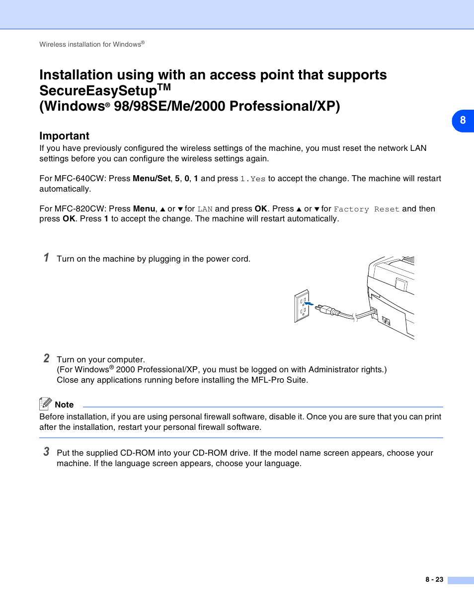 Windows, 98/98se/me/2000 professional/xp) -23, Important | Brother MFC-820CW User Manual | Page 94 / 164
