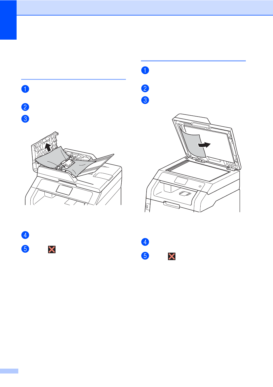 Document jams, Document is jammed in the top of the adf unit, Document is jammed under the document cover | Brother MFC-9330CDW User Manual | Page 126 / 226