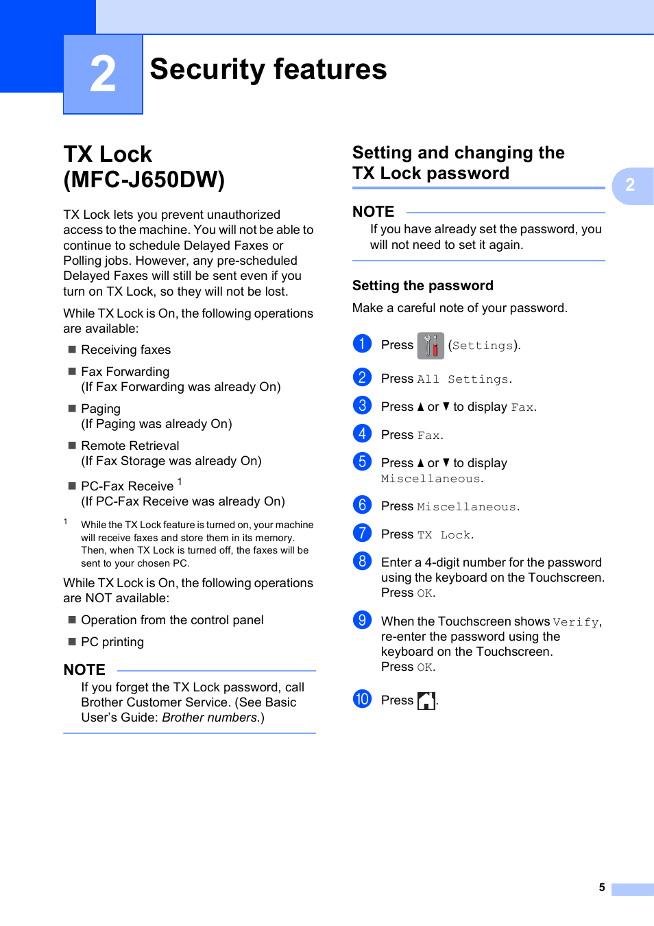 2 security features, Tx lock (mfc-j650dw), Setting and changing the tx lock password | Setting the password, Security features | Brother MFC-J870DW User Manual | Page 11 / 97