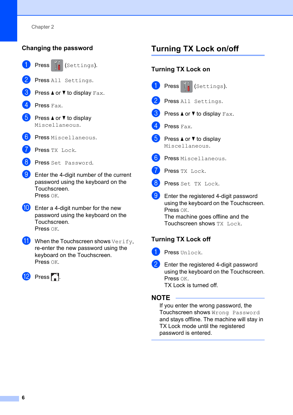 Changing the password, Turning tx lock on/off, Turning tx lock on | Turning tx lock off | Brother MFC-J870DW User Manual | Page 12 / 97