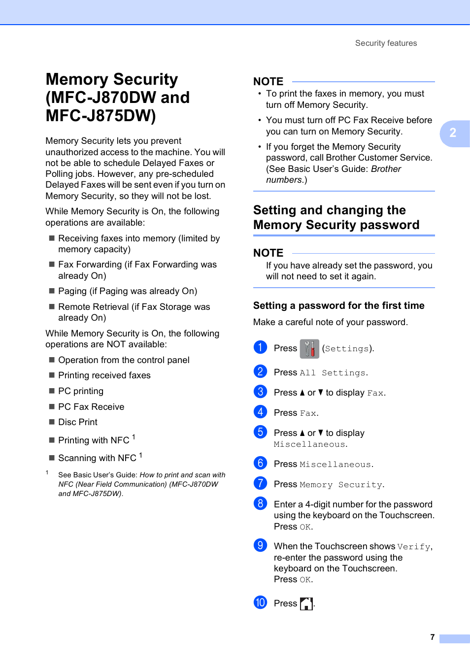 Memory security (mfc-j870dw and mfc-j875dw), Setting and changing the memory security password, Setting a password for the first time | Brother MFC-J870DW User Manual | Page 13 / 97