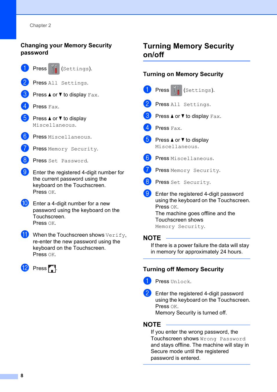 Changing your memory security password, Turning memory security on/off, Turning on memory security | Turning off memory security | Brother MFC-J870DW User Manual | Page 14 / 97