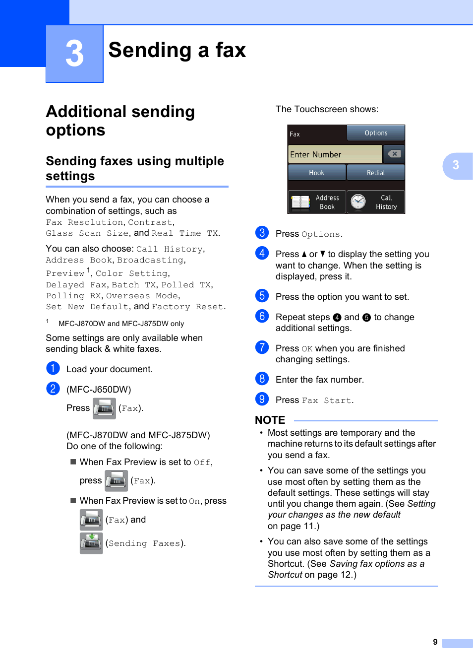 3 sending a fax, Additional sending options, Sending faxes using multiple settings | Sending a fax | Brother MFC-J870DW User Manual | Page 15 / 97