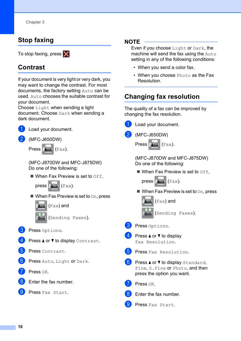 Stop faxing, Contrast, Changing fax resolution | Stop faxing contrast changing fax resolution | Brother MFC-J870DW User Manual | Page 16 / 97