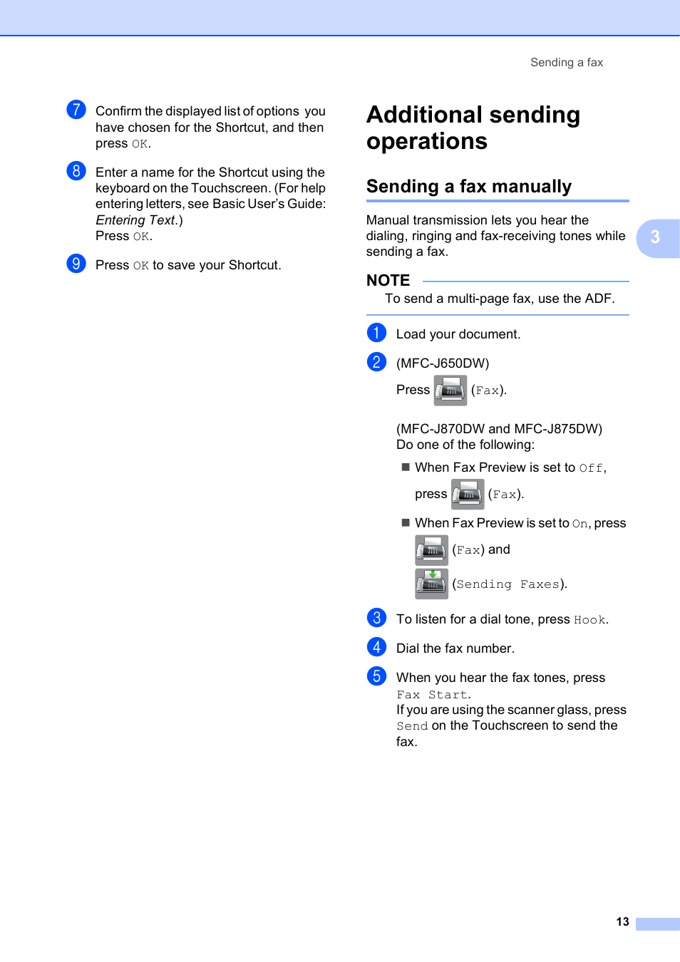 Additional sending operations, Sending a fax manually | Brother MFC-J870DW User Manual | Page 19 / 97