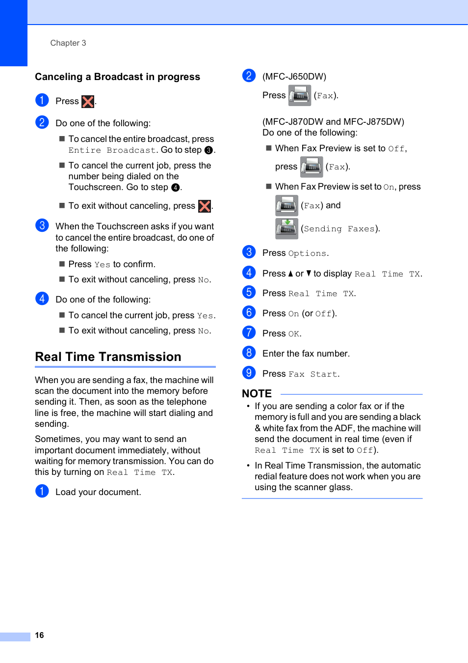 Canceling a broadcast in progress, Real time transmission | Brother MFC-J870DW User Manual | Page 22 / 97