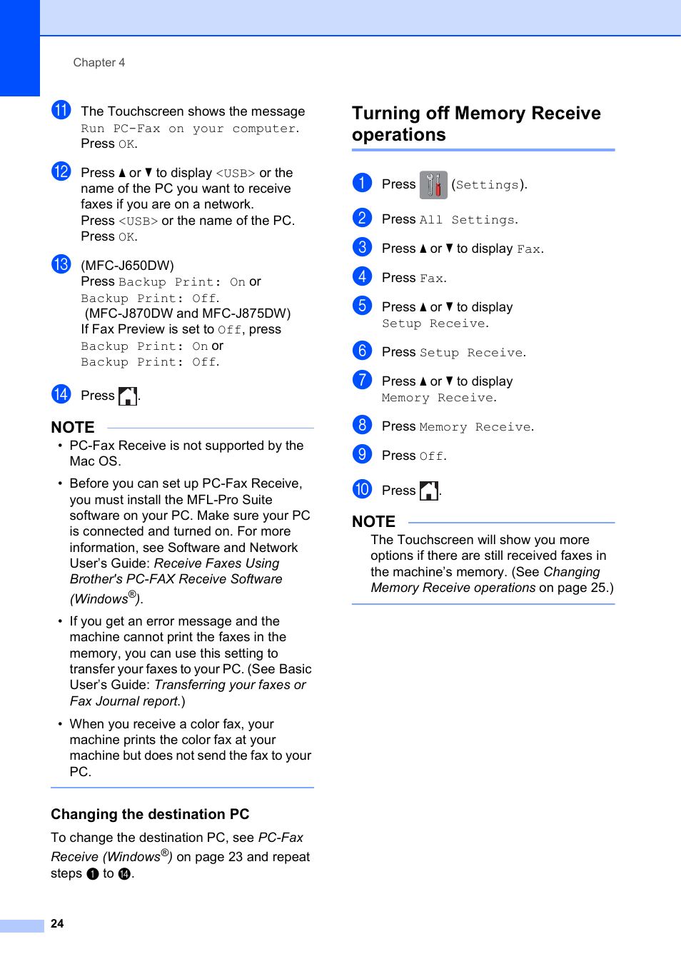Changing the destination pc, Turning off memory receive operations | Brother MFC-J870DW User Manual | Page 30 / 97