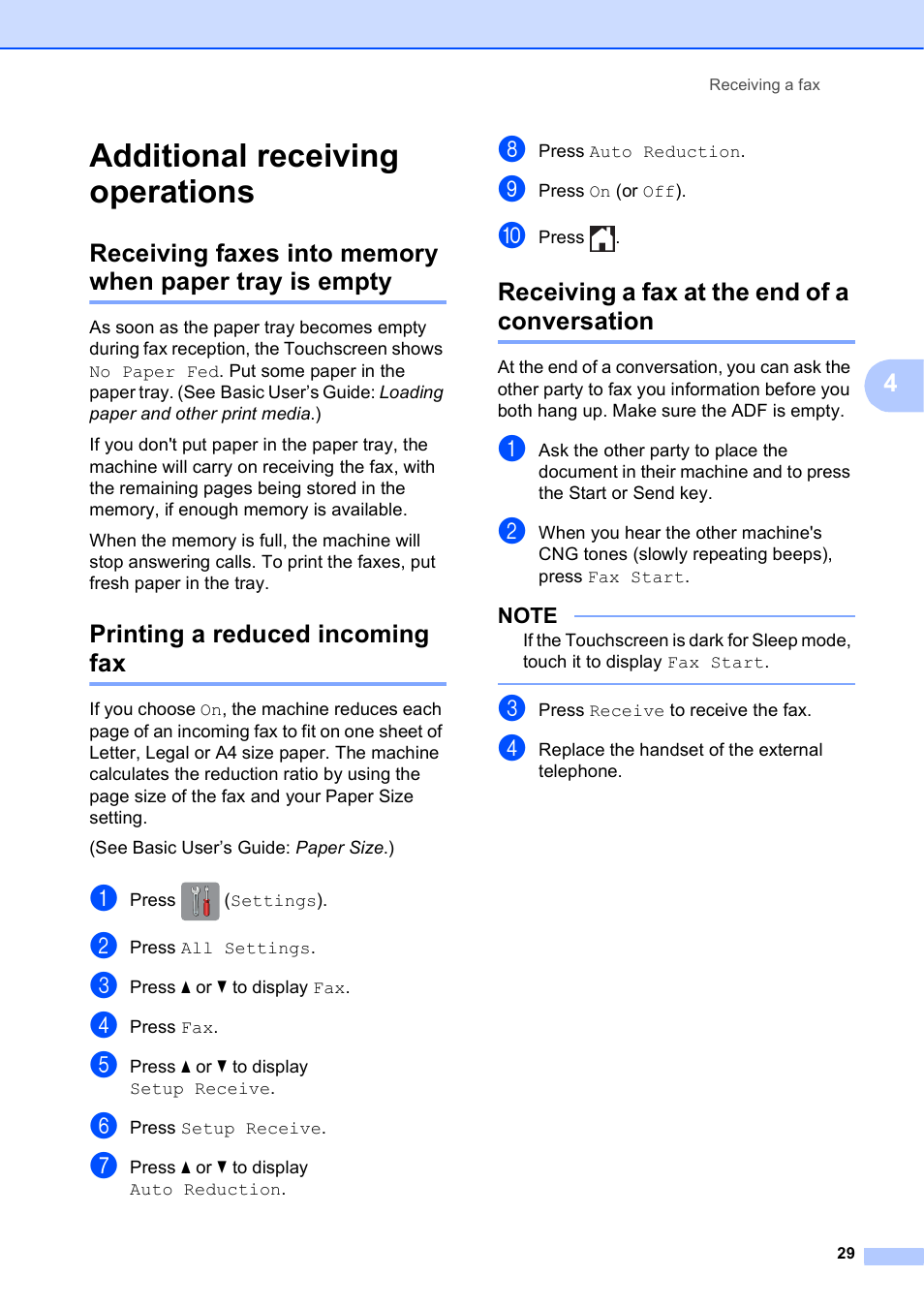 Additional receiving operations, Printing a reduced incoming fax, Receiving a fax at the end of a conversation | Brother MFC-J870DW User Manual | Page 35 / 97