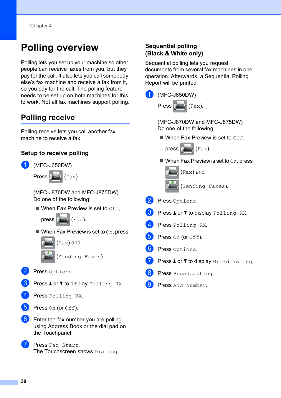 Polling overview, Polling receive, Setup to receive polling | Sequential polling (black & white only) | Brother MFC-J870DW User Manual | Page 36 / 97