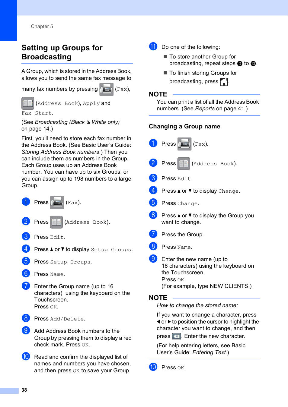 Setting up groups for broadcasting, Changing a group name | Brother MFC-J870DW User Manual | Page 44 / 97