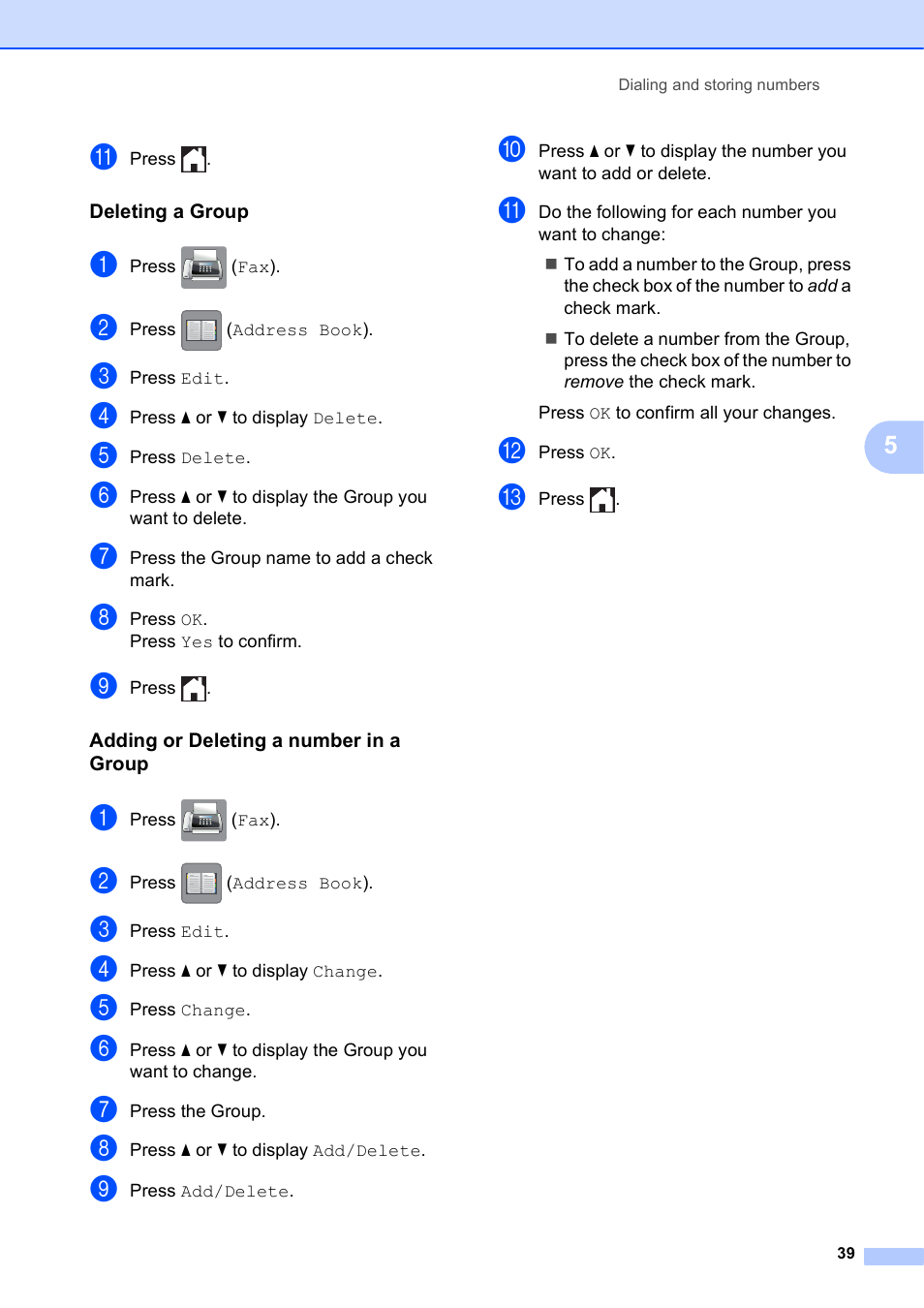 Deleting a group, Adding or deleting a number in a group | Brother MFC-J870DW User Manual | Page 45 / 97