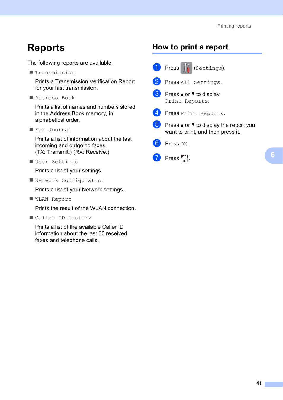 Reports, How to print a report | Brother MFC-J870DW User Manual | Page 47 / 97