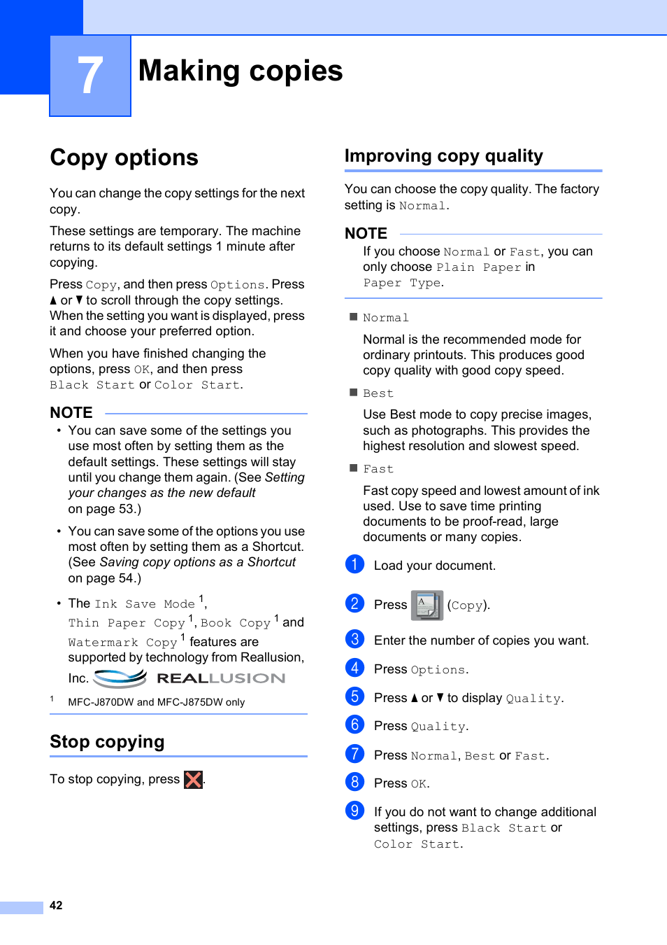 7 making copies, Copy options, Stop copying | Improving copy quality, Making copies, Stop copying improving copy quality | Brother MFC-J870DW User Manual | Page 48 / 97