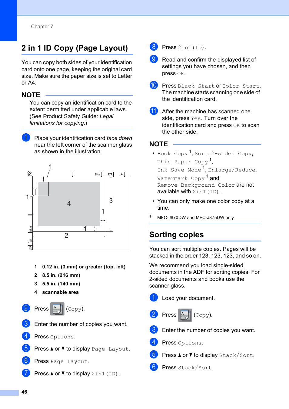 Sorting copies, 2 in 1 id copy (page layout) | Brother MFC-J870DW User Manual | Page 52 / 97