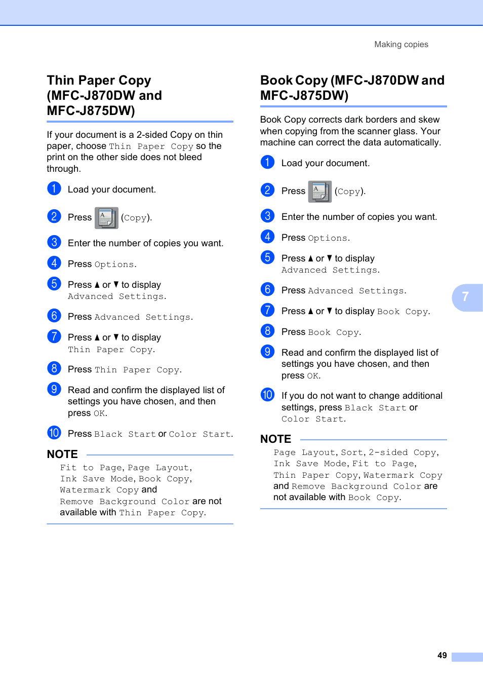 Thin paper copy (mfc-j870dw and mfc-j875dw), Book copy (mfc-j870dw and mfc-j875dw) | Brother MFC-J870DW User Manual | Page 55 / 97