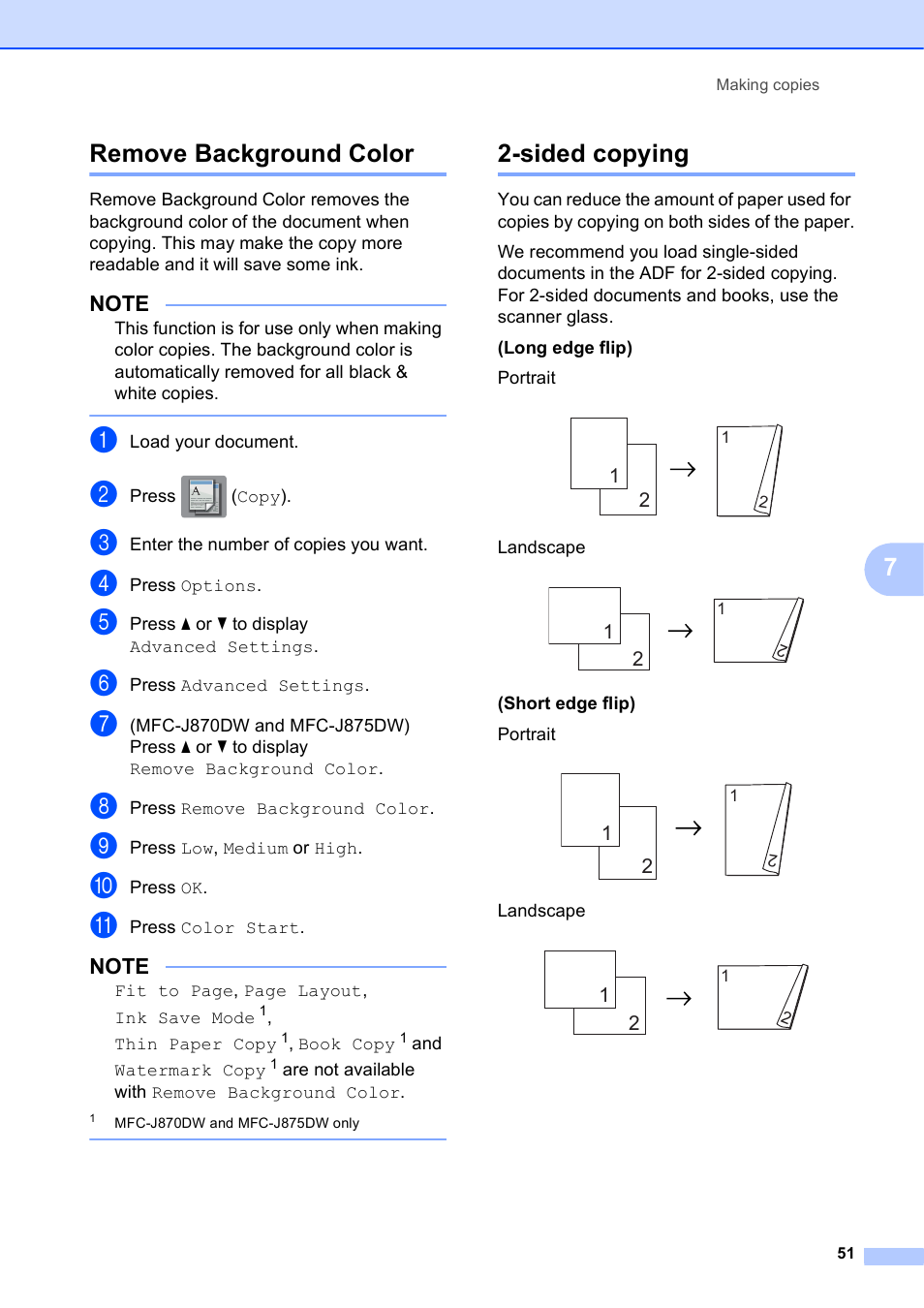 Remove background color, Sided copying, Remove background color 2-sided copying | 7remove background color | Brother MFC-J870DW User Manual | Page 57 / 97