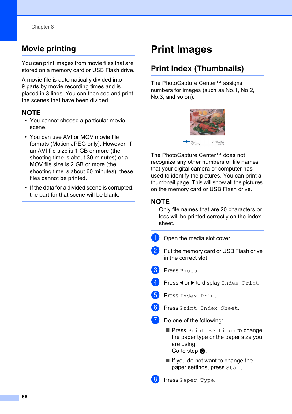 Movie printing, Print images, Print index (thumbnails) | Brother MFC-J870DW User Manual | Page 62 / 97