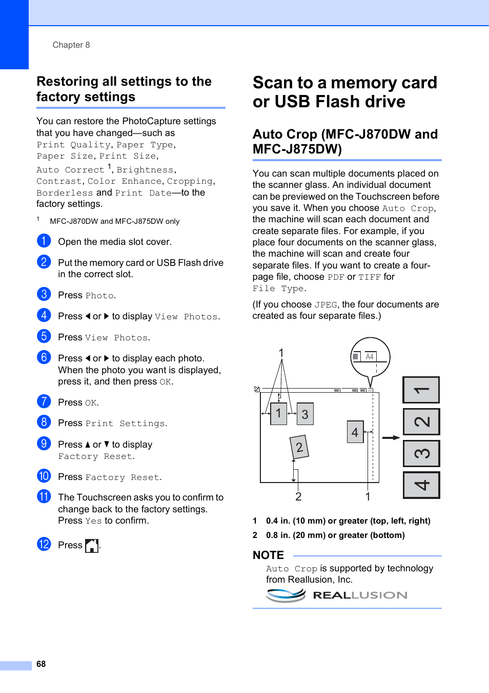 Restoring all settings to the factory settings, Scan to a memory card or usb flash drive, Auto crop (mfc-j870dw and mfc-j875dw) | Brother MFC-J870DW User Manual | Page 74 / 97