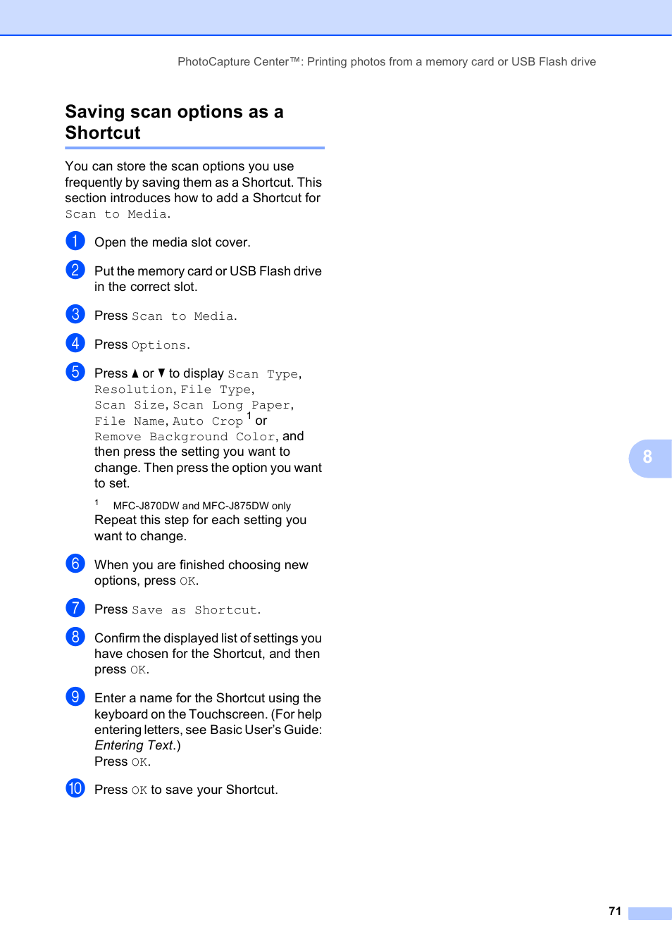 Saving scan options as a shortcut, 8saving scan options as a shortcut | Brother MFC-J870DW User Manual | Page 77 / 97