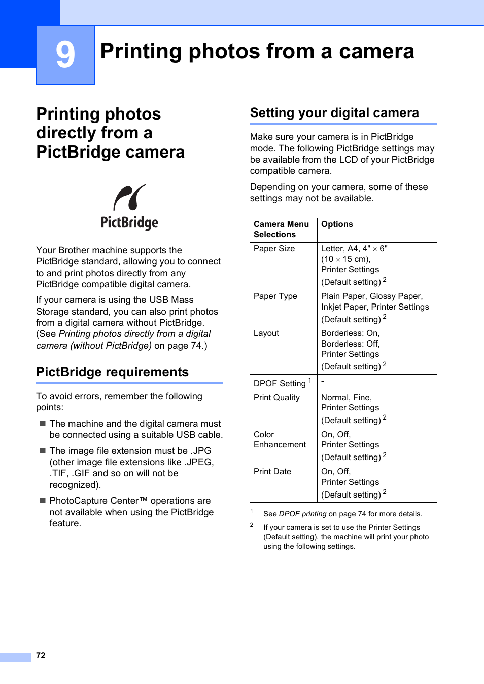 9 printing photos from a camera, Printing photos directly from a pictbridge camera, Pictbridge requirements | Setting your digital camera, Printing photos from a camera | Brother MFC-J870DW User Manual | Page 78 / 97