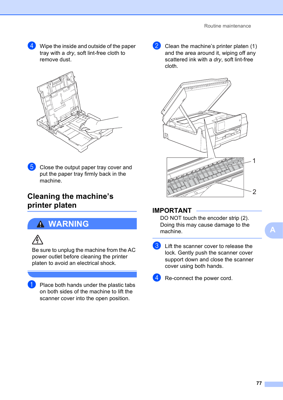 Cleaning the machine’s printer platen, Warning, Important | Brother MFC-J870DW User Manual | Page 83 / 97