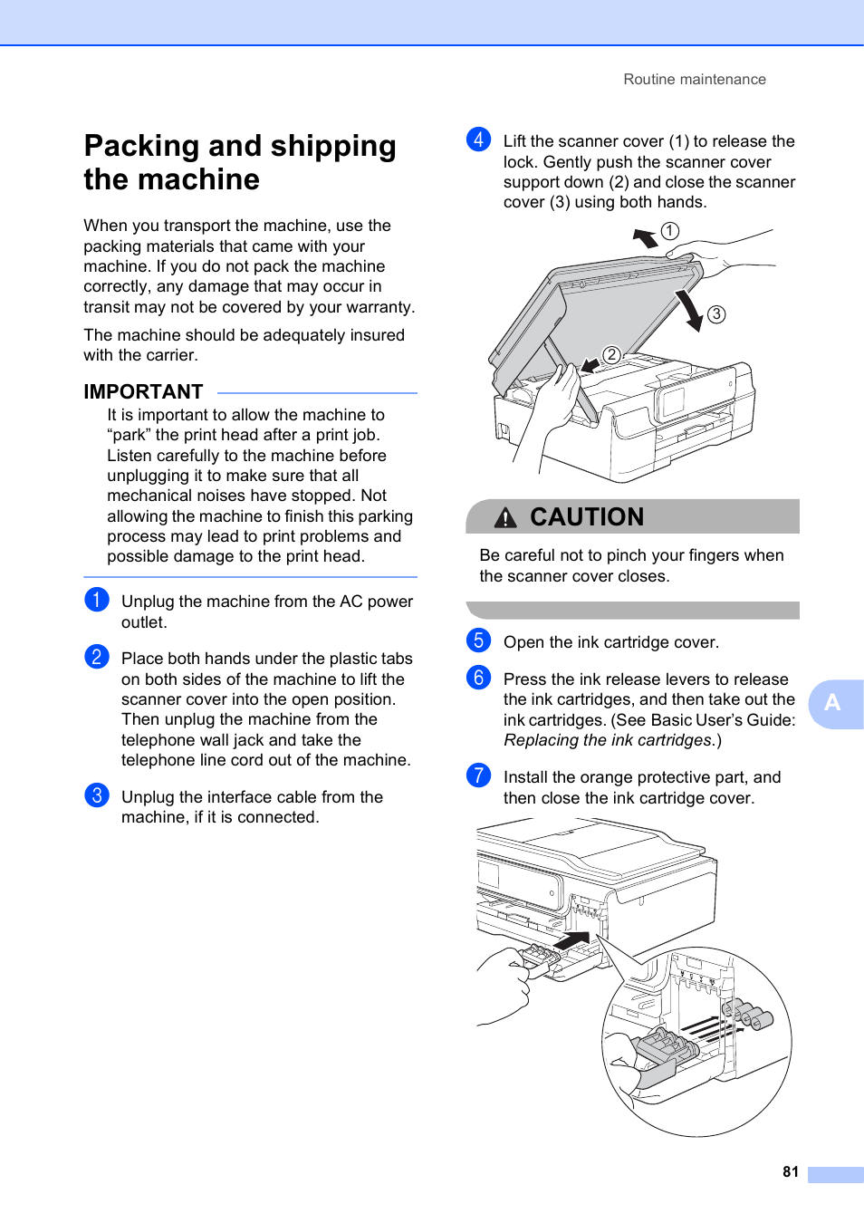 Packing and shipping the machine, Caution | Brother MFC-J870DW User Manual | Page 87 / 97