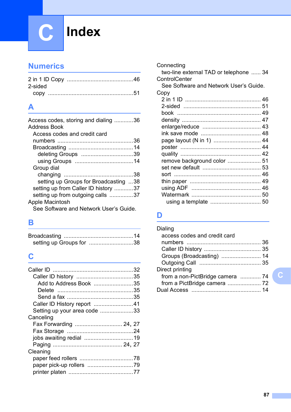 Index, Cnumerics | Brother MFC-J870DW User Manual | Page 93 / 97