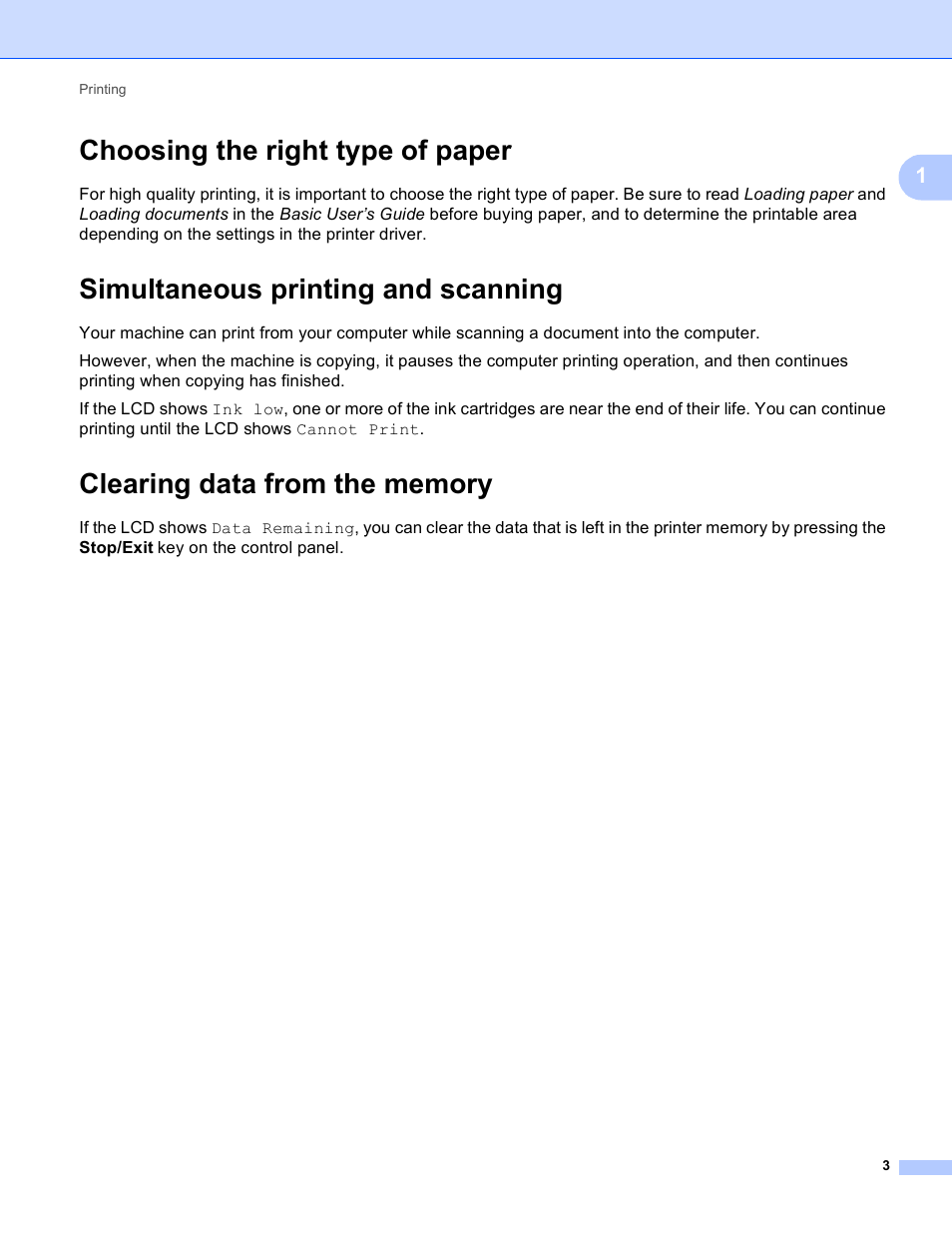 Choosing the right type of paper, Simultaneous printing and scanning, Clearing data from the memory | Brother DCP-J140W User Manual | Page 10 / 166
