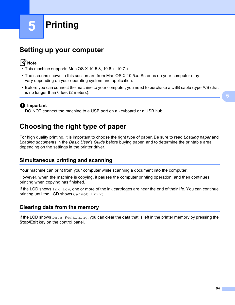 5 printing, Setting up your computer, Choosing the right type of paper | Simultaneous printing and scanning, Clearing data from the memory, Printing | Brother DCP-J140W User Manual | Page 101 / 166