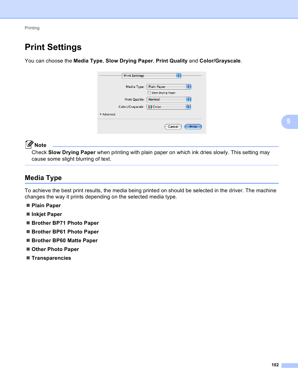 Print settings, Media type | Brother DCP-J140W User Manual | Page 109 / 166