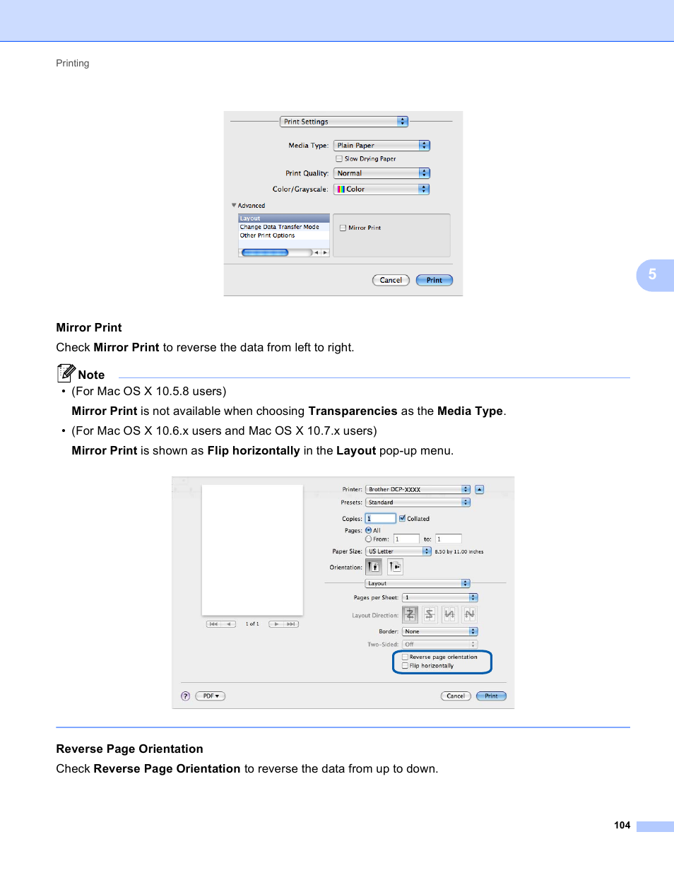Mirror print, Reverse page orientation | Brother DCP-J140W User Manual | Page 111 / 166