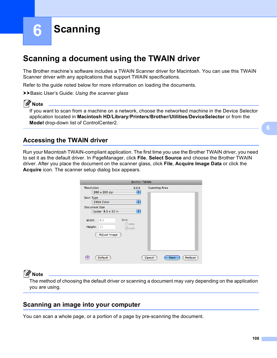6 scanning, Scanning a document using the twain driver, Accessing the twain driver | Scanning an image into your computer, Scanning | Brother DCP-J140W User Manual | Page 115 / 166