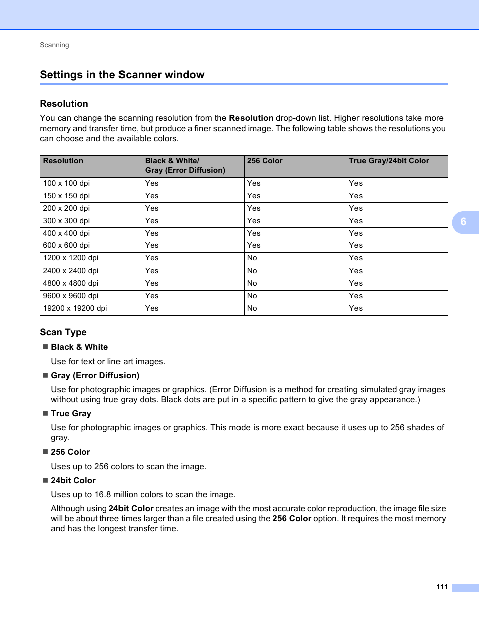 Settings in the scanner window, Resolution, Scan type | 6settings in the scanner window | Brother DCP-J140W User Manual | Page 118 / 166