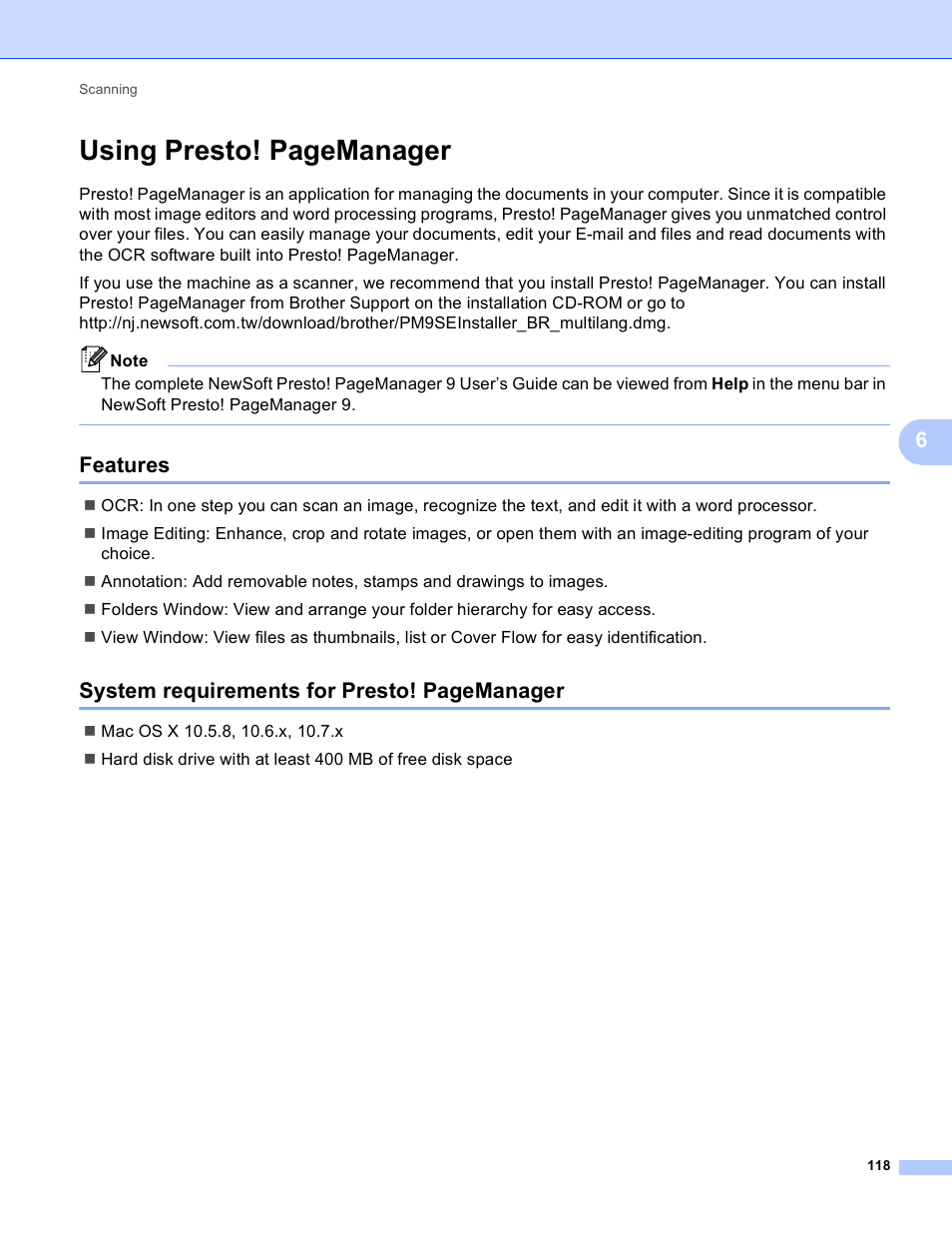 Features, Using presto! pagemanager, System requirements for presto! pagemanager | Brother DCP-J140W User Manual | Page 125 / 166