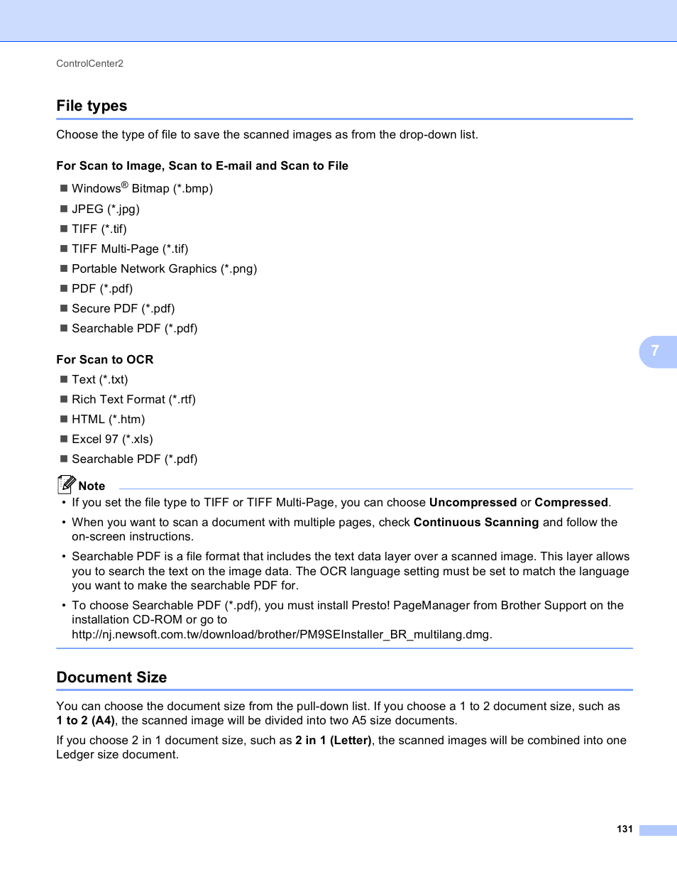 File types, Document size, File types document size | 7file types | Brother DCP-J140W User Manual | Page 138 / 166