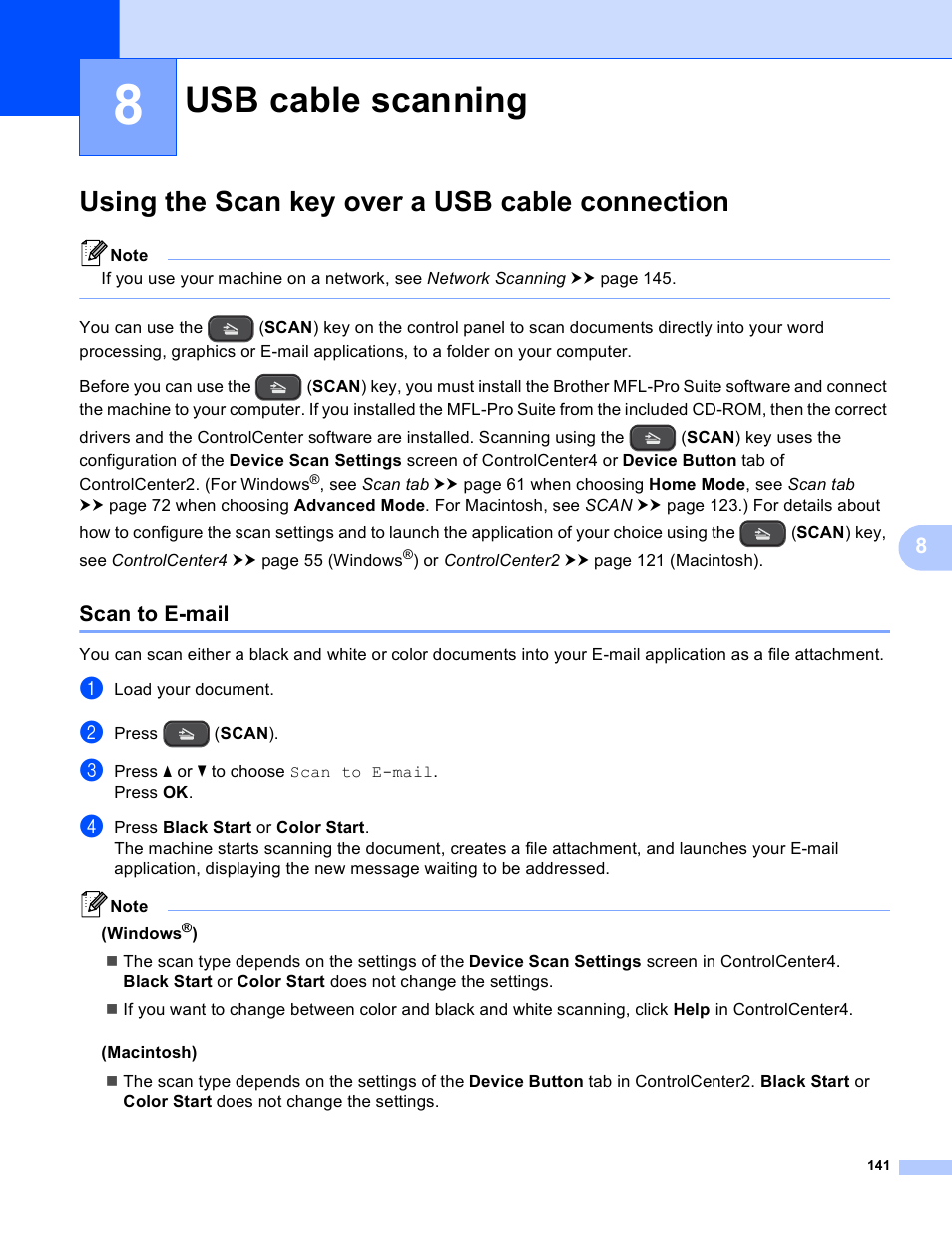 8 usb cable scanning, Using the scan key over a usb cable connection, Scan to e-mail | Usb cable scanning | Brother DCP-J140W User Manual | Page 148 / 166