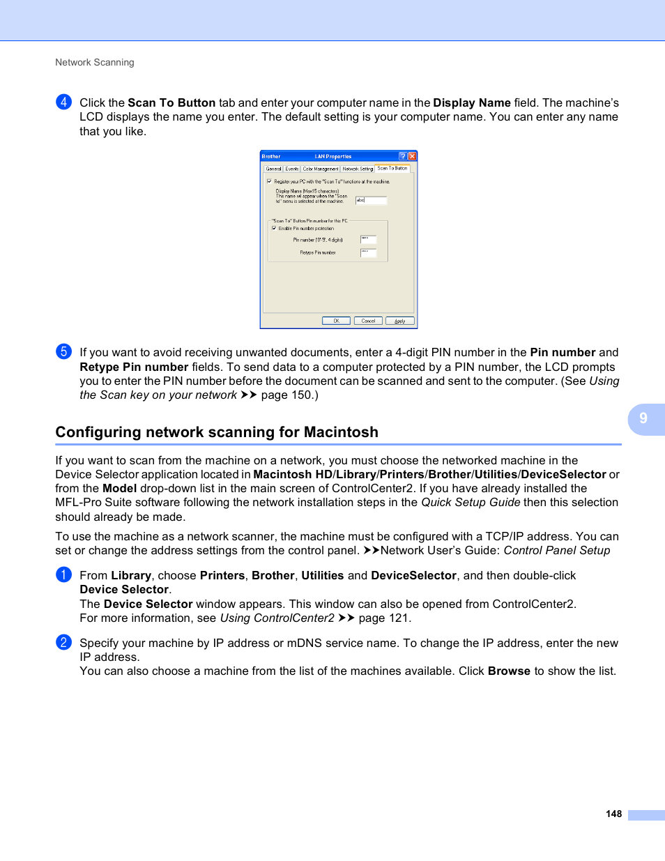 Configuring network scanning for macintosh | Brother DCP-J140W User Manual | Page 155 / 166