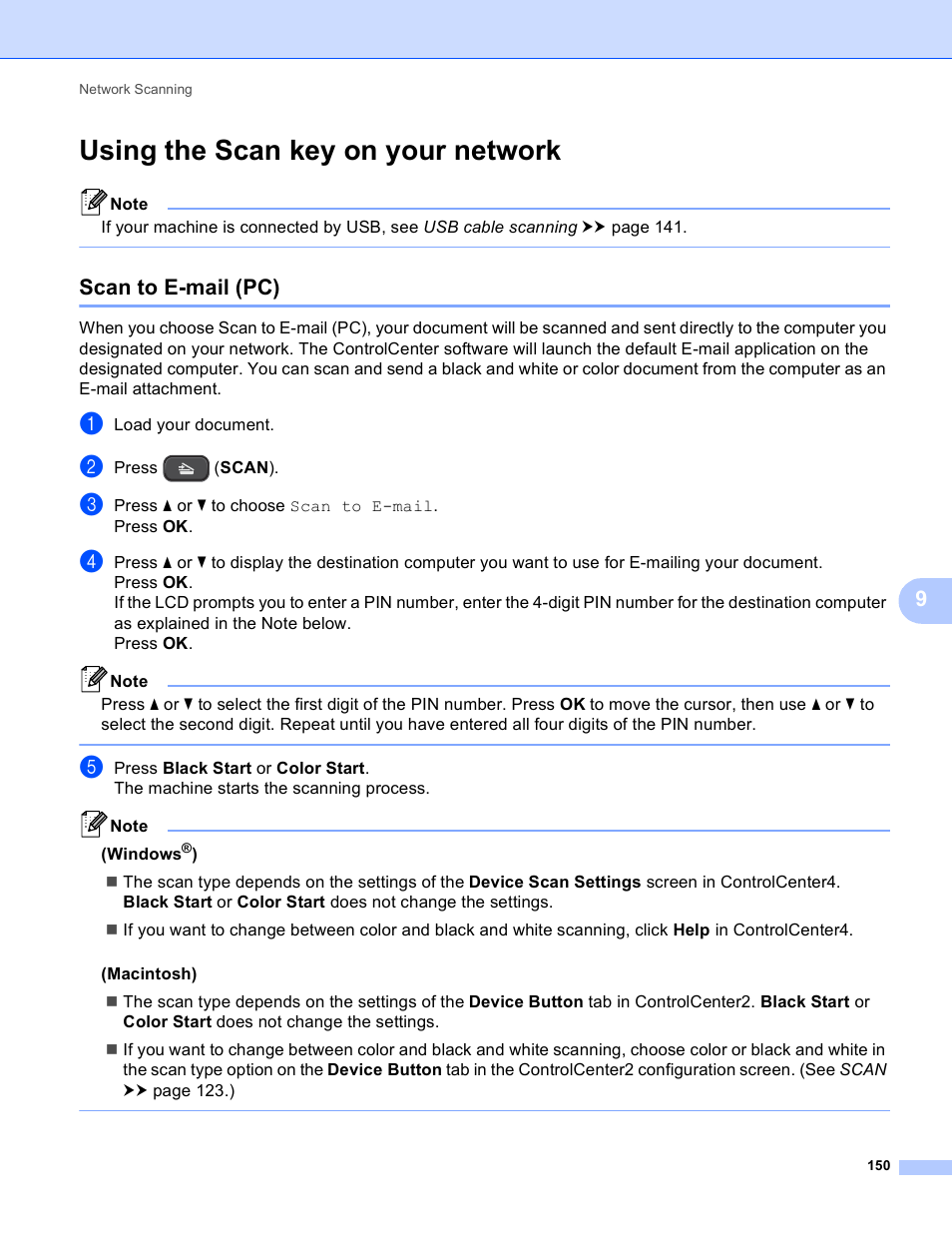 Using the scan key on your network, Scan to e-mail (pc) | Brother DCP-J140W User Manual | Page 157 / 166