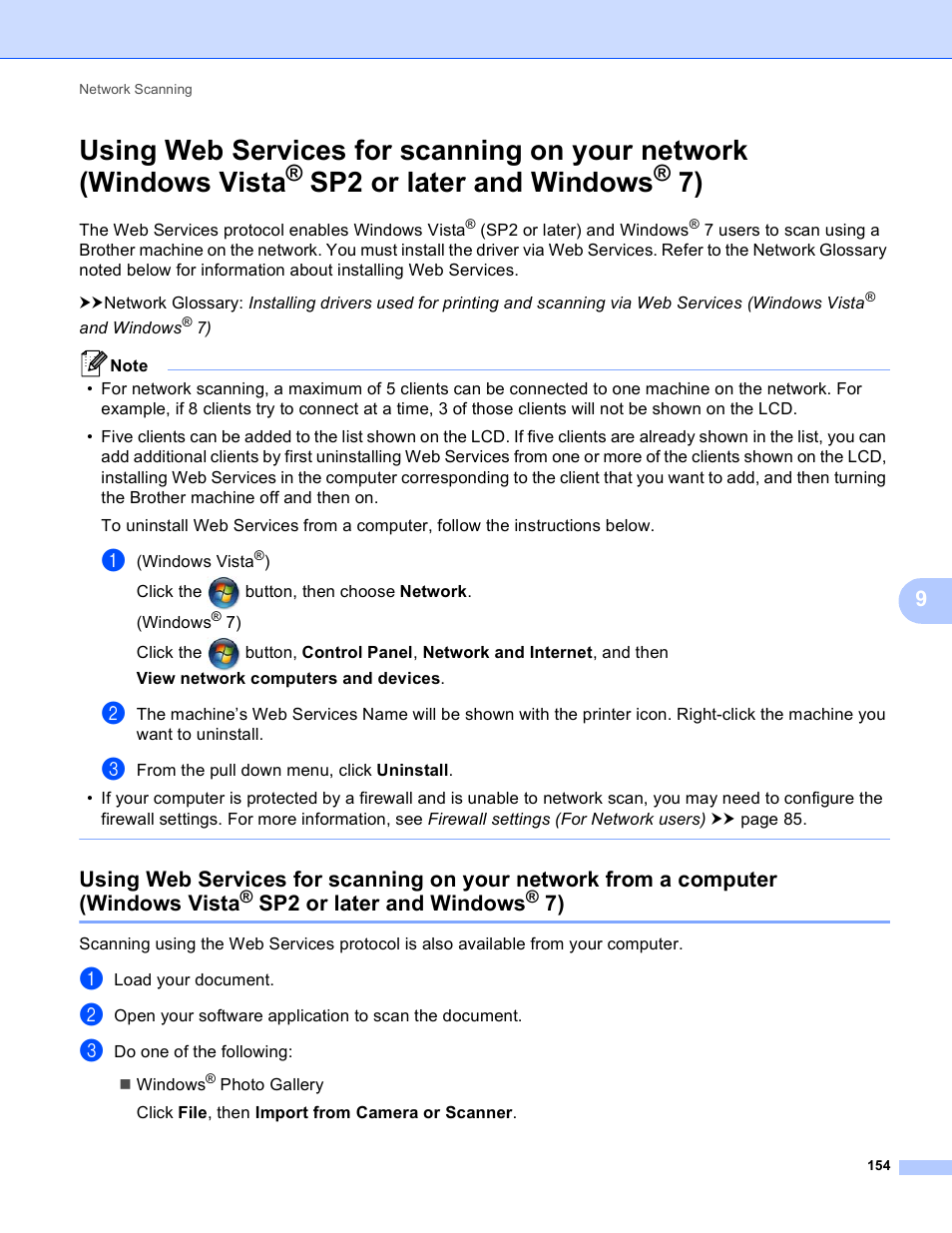 Using web services for scanning on your network, Windows vista, Sp2 or later and windows | Brother DCP-J140W User Manual | Page 161 / 166