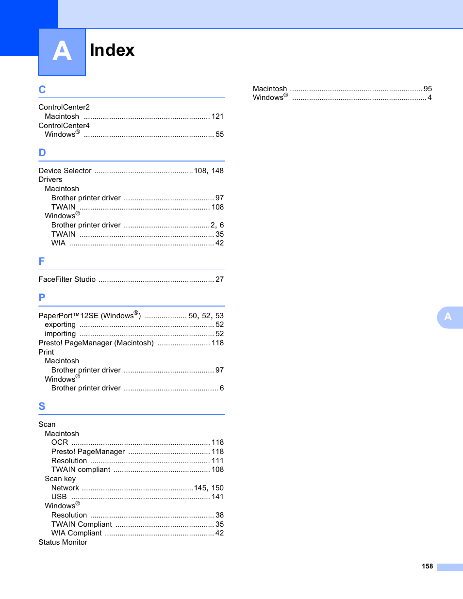 Index | Brother DCP-J140W User Manual | Page 165 / 166